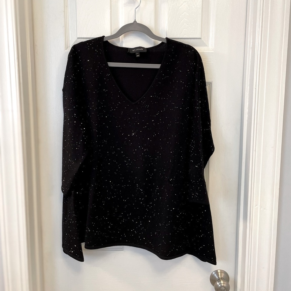 St John Black Sparkle Vneck Wool Sweater NEW WITHOUT TAGS. size L